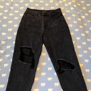 PrettyLittleThing high rise button fly wide leg distressed jeans black size 12